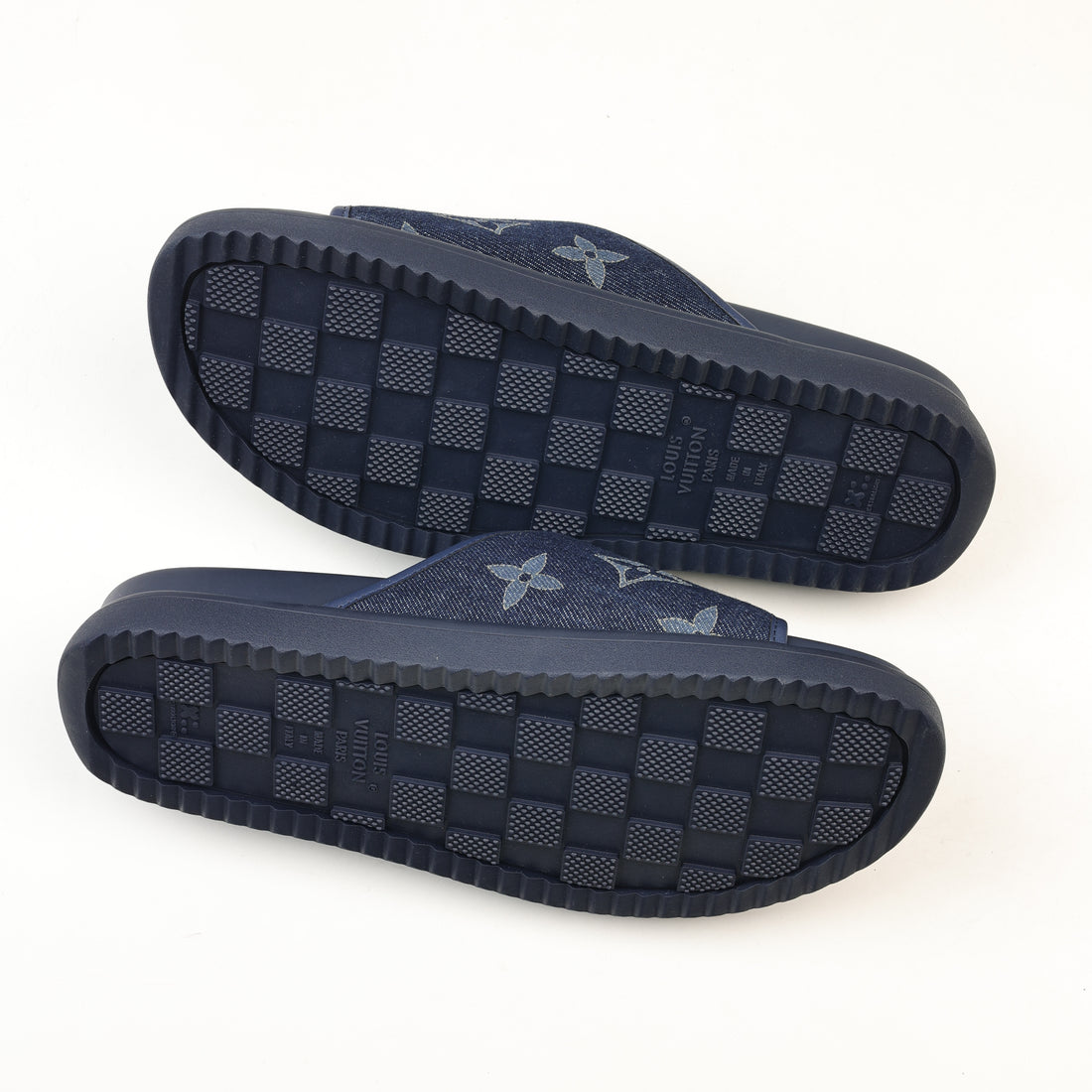 Louis Vuitton Monogram Denim Slides in Navy Blue