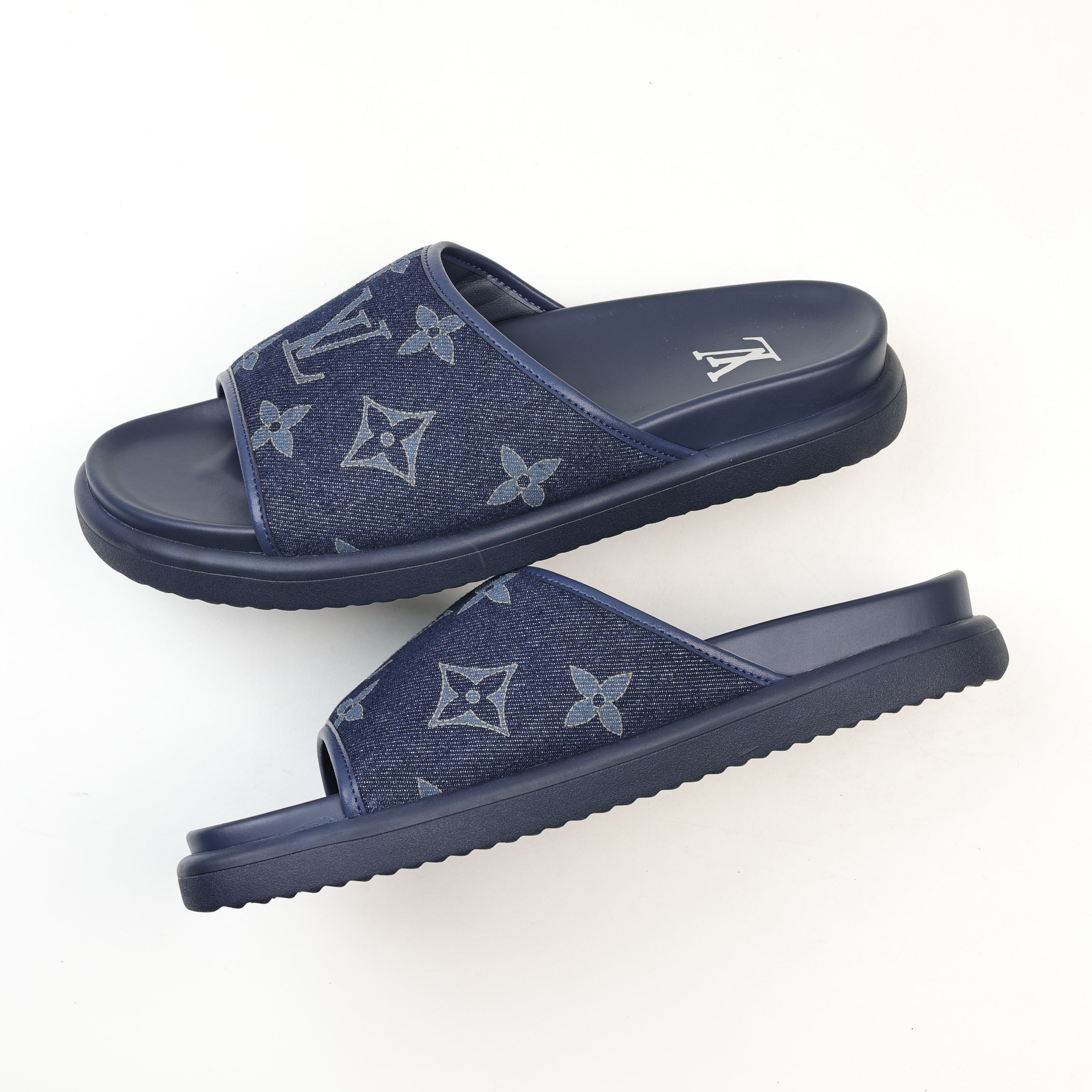 Louis Vuitton Monogram Denim Slides in Navy Blue
