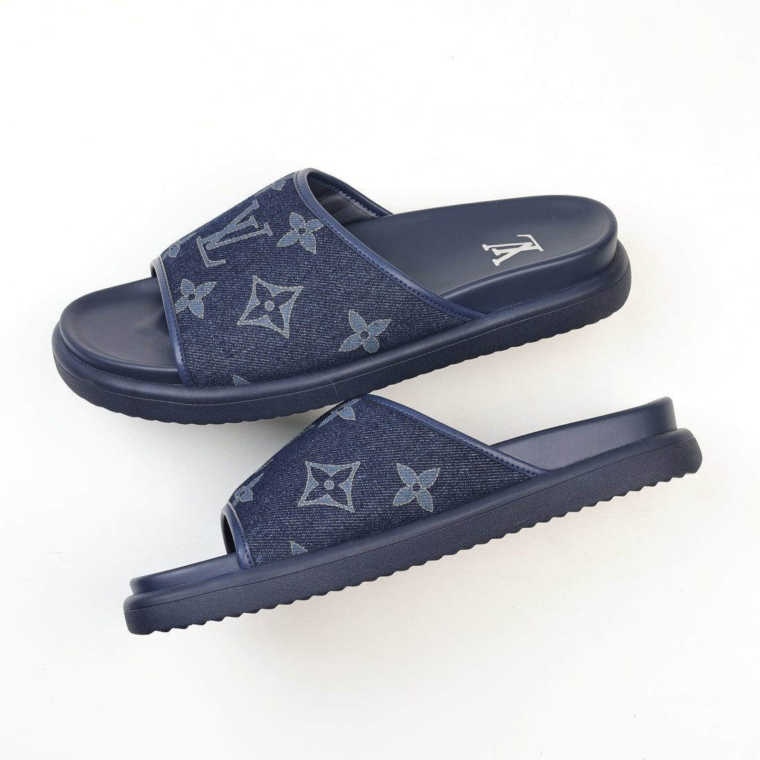 Louis Vuitton Monogram Denim Slides in Navy Blue
