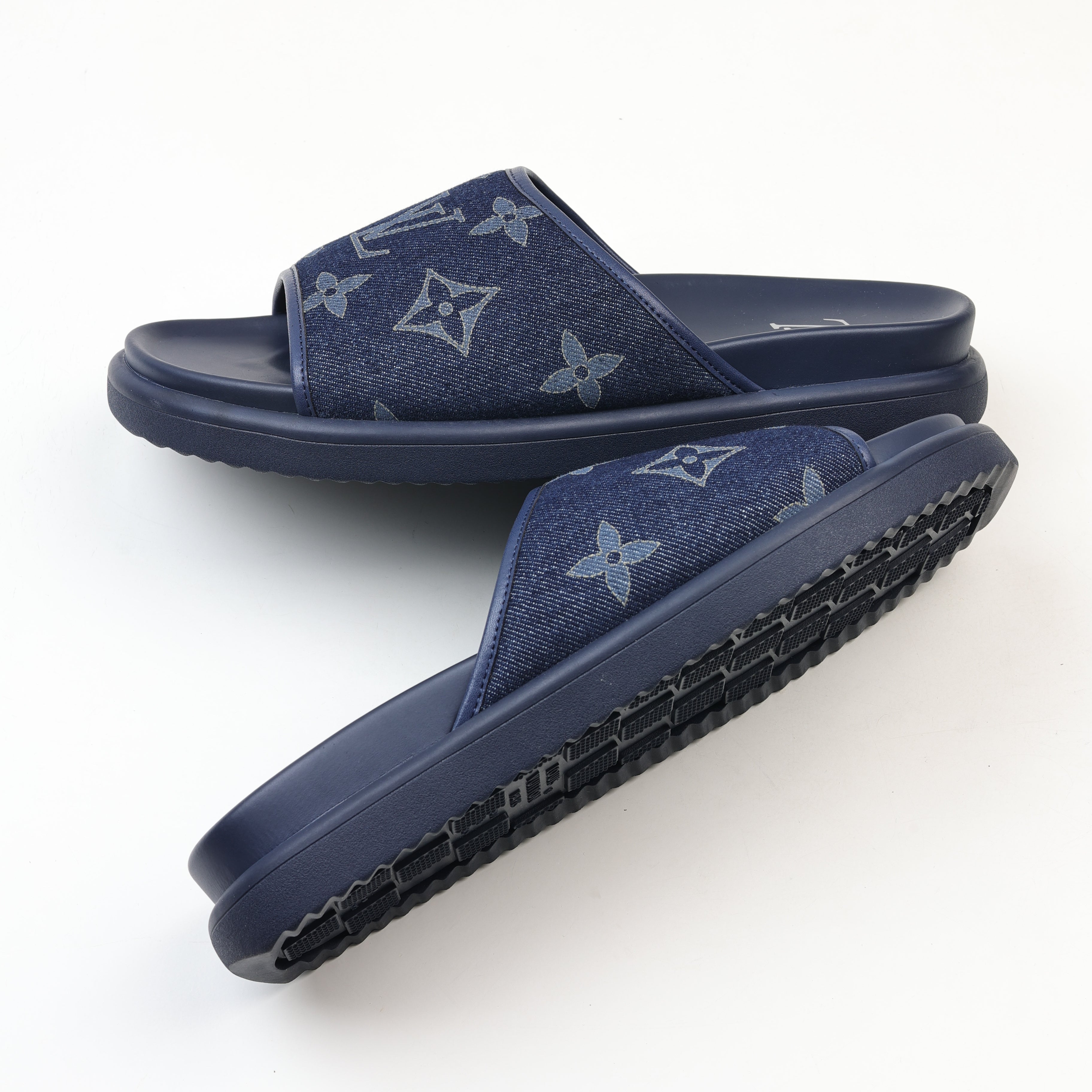 Louis Vuitton Monogram Denim Slides in Navy Blue