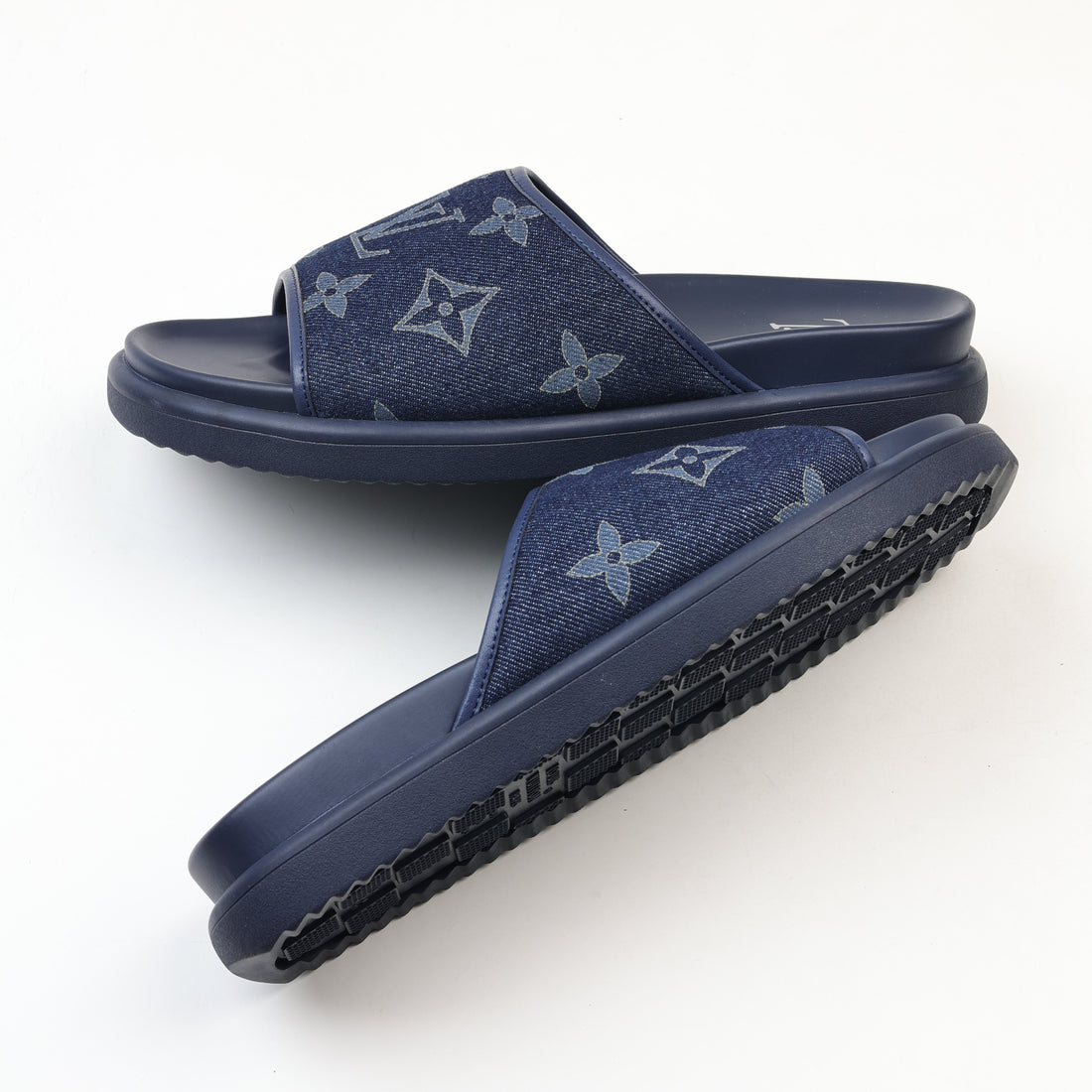 Louis Vuitton Monogram Denim Slides in Navy Blue