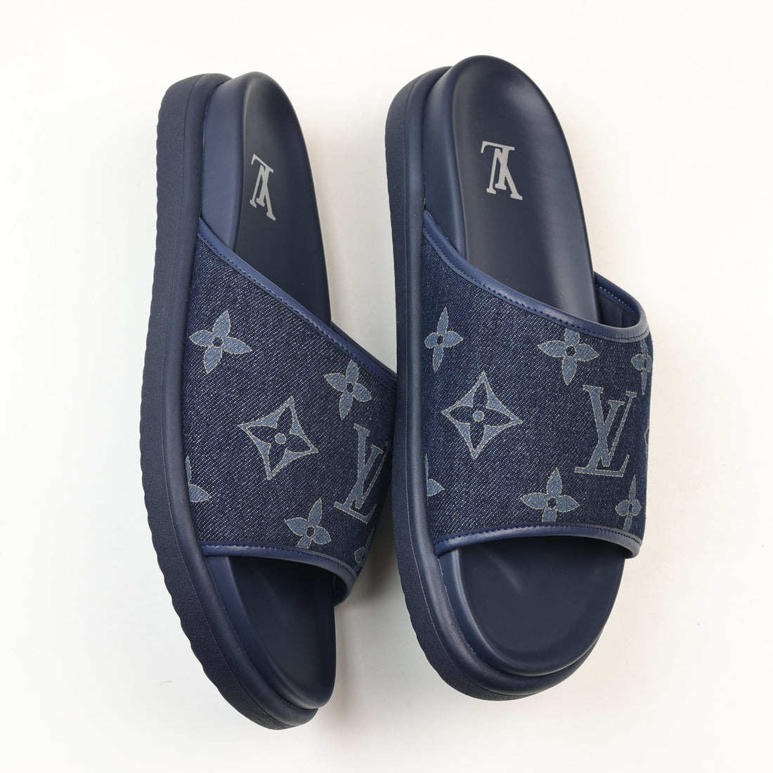 Louis Vuitton Monogram Denim Slides in Navy Blue