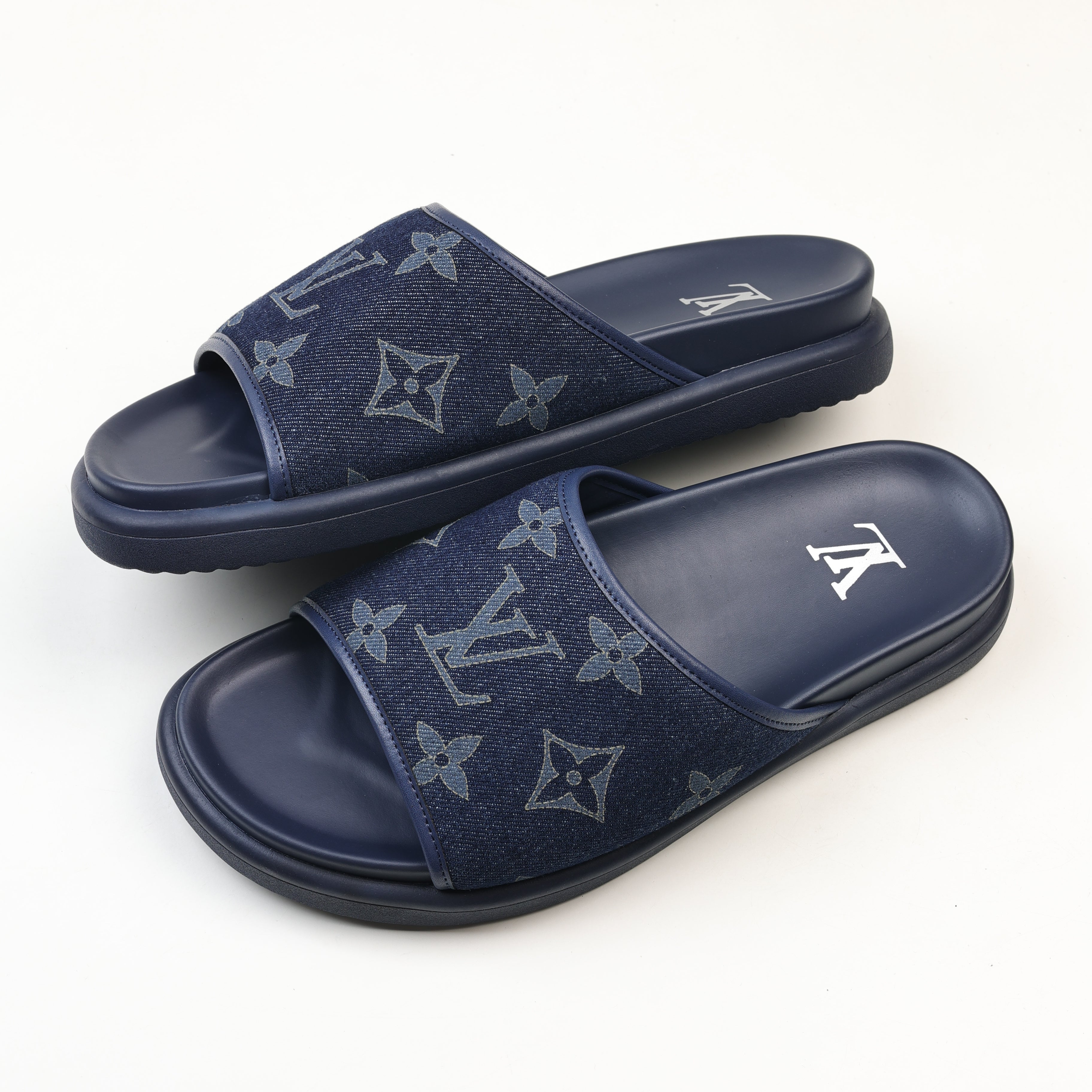 Louis Vuitton Monogram Denim Slides in Navy Blue