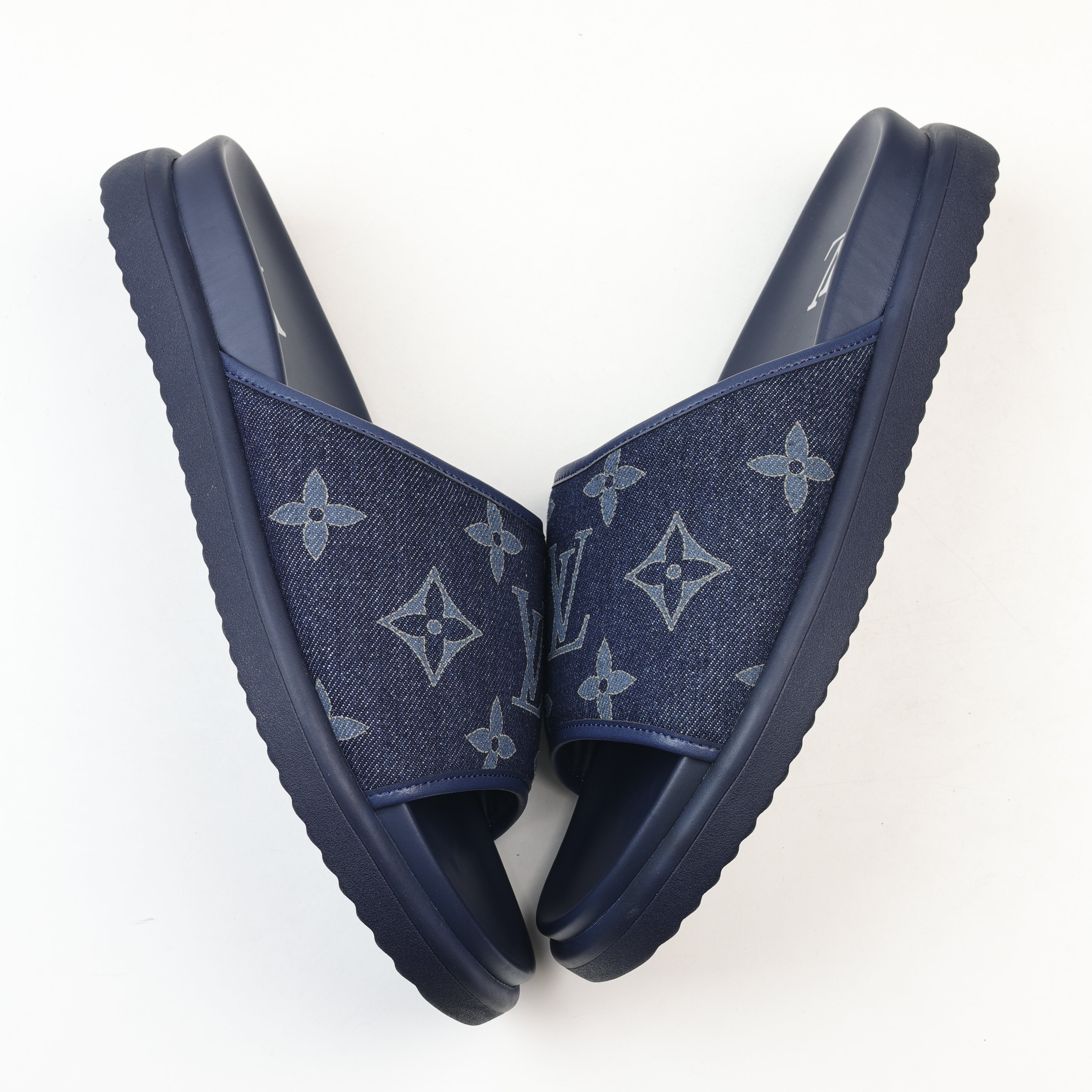 Louis Vuitton Monogram Denim Slides in Navy Blue
